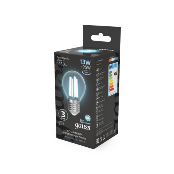 Лампа светодиодная филаментная Black Filament 13Вт P45 шар 4100К нейтр. бел. E27 1150лм GAUSS 105802213