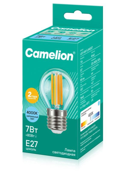 Лампа светодиодная филаментная LED7-G45-FL/845/E27 7Вт шар прозрачная 4500К бел. E27 220В Camelion 13459