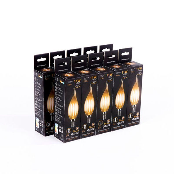 Лампа светодиодная филаментная Black Filament 11Вт свеча на ветру 2700К тепл. бел. E14 810лм GAUSS 104801111
