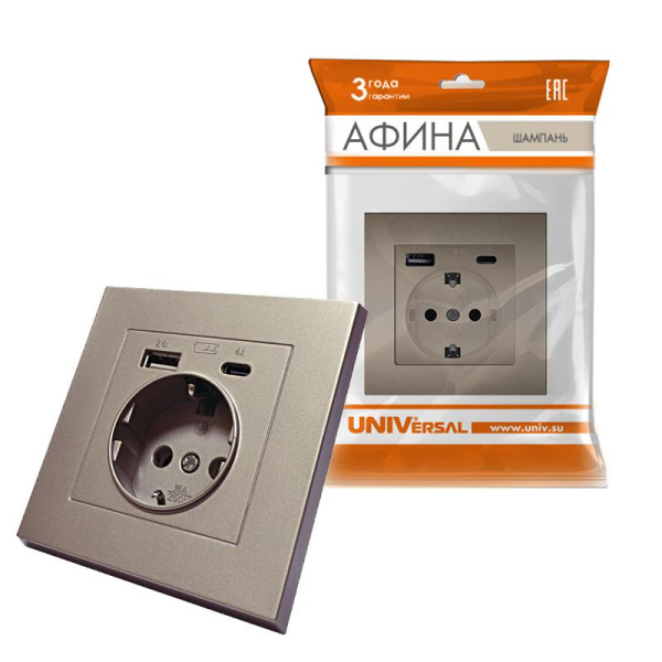 Розетка СП Афина 16А с заземл. с 2-мя заряд. устр. USB 5В тип А(2.4А)+С(4А) в сборе шампань Universal A0056-Br