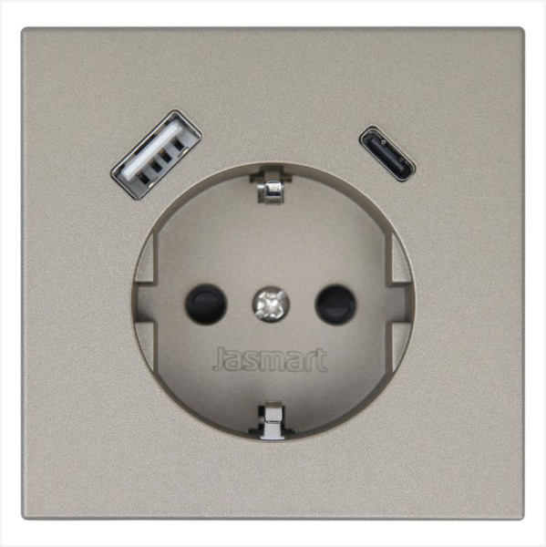 Розетка СП FD Shuko 16А с заземл. защ. шторки с 2-мя заряд. устр. USB тип A+C 25Вт механизм бронза Jasmart FD5501USB-25BR