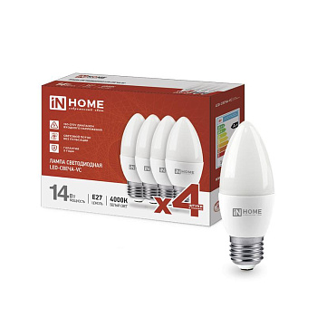 Лампа светодиодная LED-СВЕЧА-VC 4PACК 14Вт 230В E27 4000К 1330лм (уп.4шт) IN HOME 4690612052342