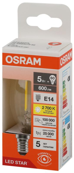 Лампа светодиодная филаментная LSCLB60 5W/827 230VFILCL 5Вт 2700К тепл. бел. E14 600лм B угол пучка 300град. 220-240В (замена 60Вт) прозр. стекло OSRAM 4058075684577