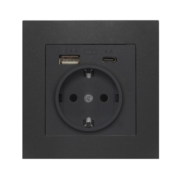 Розетка СП Афина 16А с заземл. с 2-мя заряд. устр. USB 5В тип А(2.4А)+С(4А) в сборе серебр. Universal A0056-S