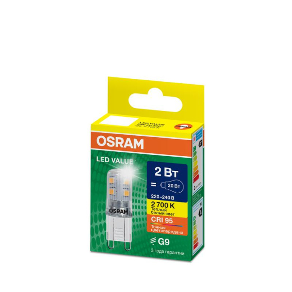 Лампа светодиодная LED G4 Value LVPIN20 2W/927 CRI95 2Вт 2700К 250лм капсульная прозр. G9 220-240В OSRAM 4610590510306