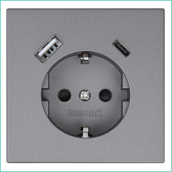 Розетка СП FD Shuko 16А с заземл. защ. шторки с 2-мя заряд. устр. USB тип A+C 25Вт механизм никель Jasmart FD5501USB-25NI