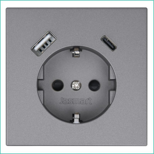 Розетка СП FD Shuko 16А с заземл. защ. шторки с 2-мя заряд. устр. USB тип A+C 25Вт механизм никель Jasmart FD5501USB-25NI