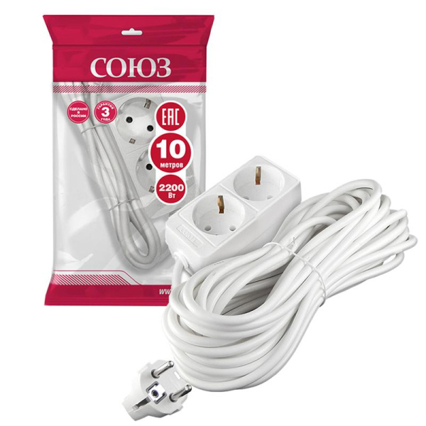 Удлинитель 2х10м с заземл. 10А IP20 2.2кВт ПВС Союз 481S-9210