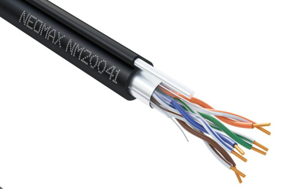 Кабель витая пара F/UTP кат.5E 4х2х24AWG (0.52мм) solid CU PE + ТРОС OUTDOOR черн. (NM20041) (уп.305м) NEOMAX 1207909