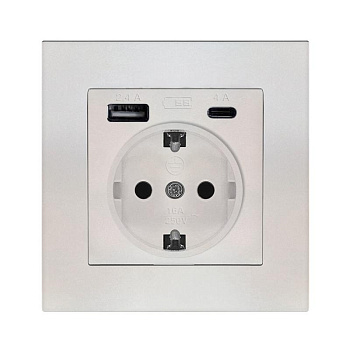 Розетка 2-м USB СП Афина тип А+С 5В 1х2.4А 2х4А механизм слон. кость (ivory) Universal A0059-I