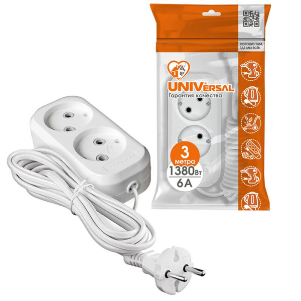 Удлинитель 2х3м без заземл. 6А IP20 У6-011 ШВВП 2х0.75 UNIVersal 9631912