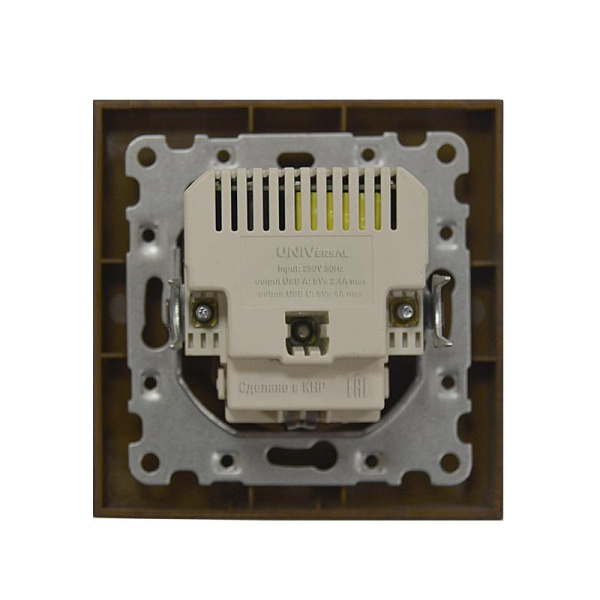 Розетка 2-м USB СП Афина тип А+С 5В 1х2.4А 2х4А механизм серебро Universal A0059-S