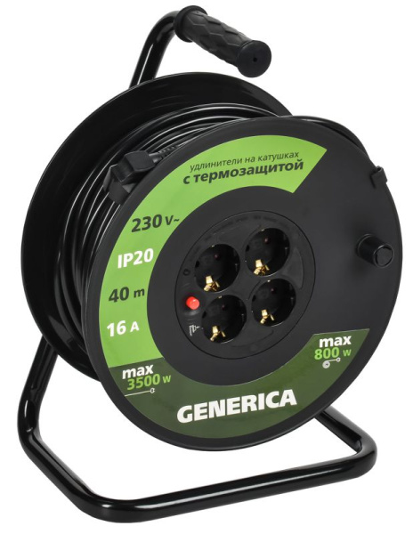 Удлинитель на катушке 4х40м 16А IP20 УК40 2P+PE 3х1.5 термозащита GENERICA WKP20-16-04-40-G