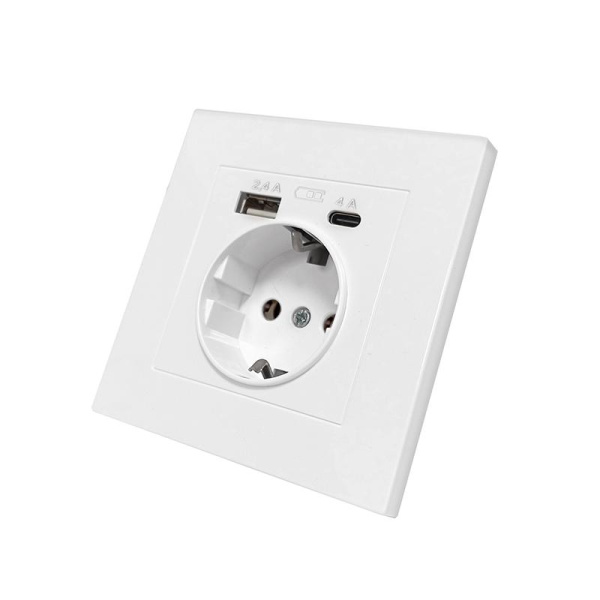 Розетка СП Афина 16А с заземл. с 2-мя заряд. устр. USB 5В тип А(2.4А)+С(4А) в сборе жемчуг Universal A0056-Obr
