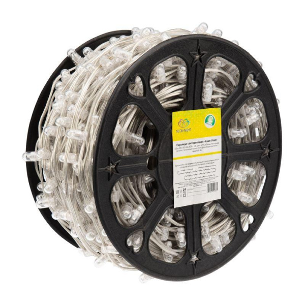 Гирлянда светодиодная "LED ClipLight" шаг 15см 665LED тепл. бел. 80Вт 12В IP65 эффект мерцания flashing бел.; провод ПВХ прозр. (уп.100м) Neon-Night 325-166