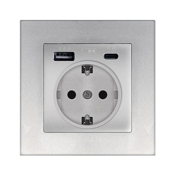 Розетка СП Афина 16А с заземл. с 2-мя заряд. устр. USB 5В тип А(2.4А)+С(4А) в сборе сл. кость (ivory) Universal A0056-I