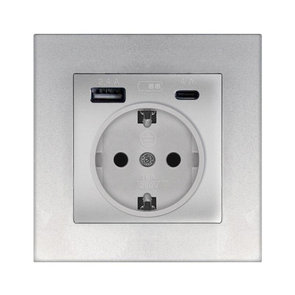 Розетка СП Афина 16А с заземл. с 2-мя заряд. устр. USB 5В тип А(2.4А)+С(4А) в сборе сл. кость (ivory) Universal A0056-I