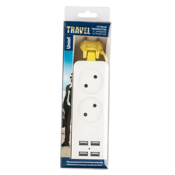 Удлинитель 2х1.5м без заземл. 10А Travel S-CT2-1.5U WHITE/GREEN 2 гнезда 4USB (21А) бел./салат. Uniel UL-00011134