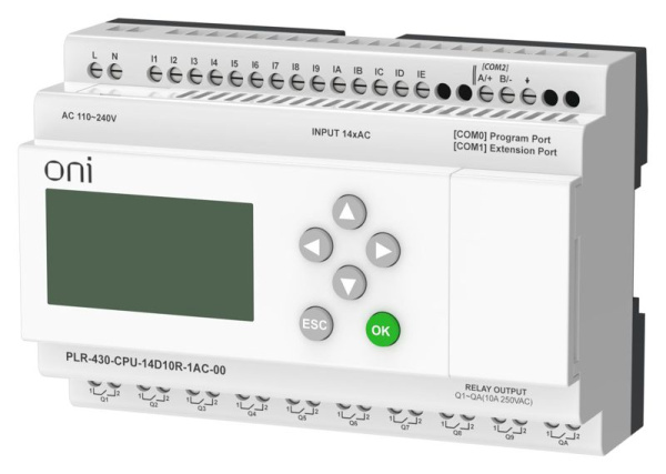 Модуль ЦПУ ПЛК 430 14 DI 10 RO 220В AC с экраном ONI PLR-430-CPU-14D10R-1AC-00