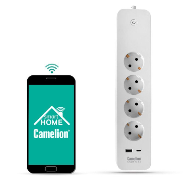 Фильтр сетевой умный Smart Home SZD/SH/4х1.5/WIFI 4гн.1.5м 16А 4000В USB+Type-С WiFi+Счетчик Camelion 14800