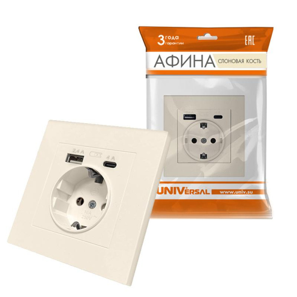 Розетка 2-м USB СП Афина тип А+С 5В 1х2.4А 2х4А механизм шампань Universal A0059-Br