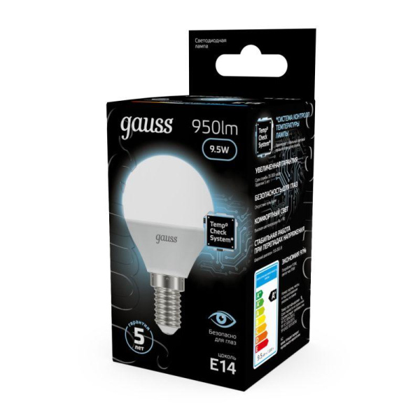 Лампа светодиодная Black 9.5Вт P45 шар 4100К нейтр. бел. E14 950лм GAUSS 105101210