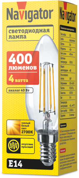 Лампа светодиодная 71 307 NLL-F-C35-4-230-2.7K-E14 4Вт свеча 2700К тепл. бел. E14 350лм 220-240В Navigator 71307