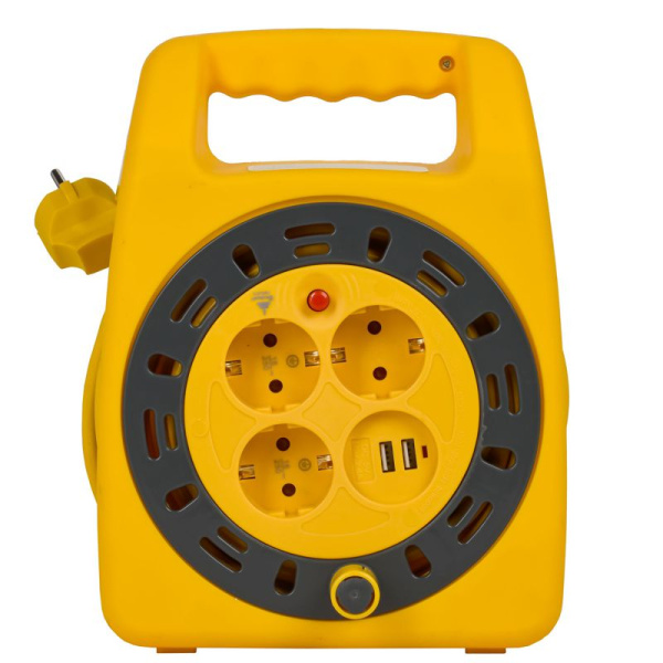 Удлинитель на катушке 3х15м с заземл. Industrial УК15 2P+PE 3х1.5кв.мм USBх2 LED термозащита IEK IN-KP24-16-03-15-UL