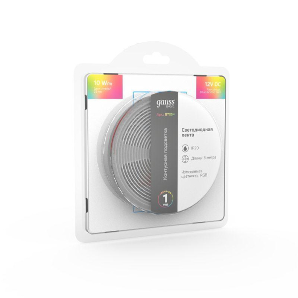 Лента светодиодная Basic 5050/60-SMD 10Вт/м RGB IP20 700лм/м 12В 10мм (уп.3м) GAUSS BT054
