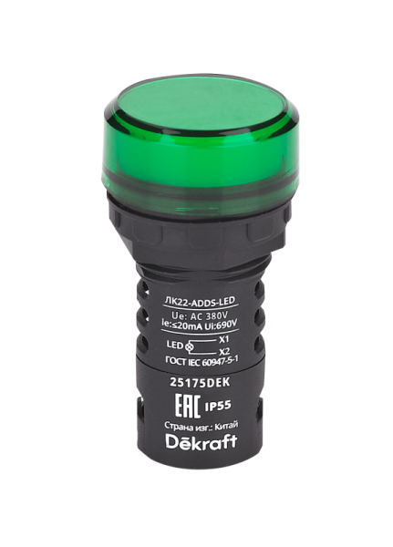 Лампа коммутационная ADDS ЛК-22 d22 380В AC IP55 LED зел. DEKraft 25175DEK