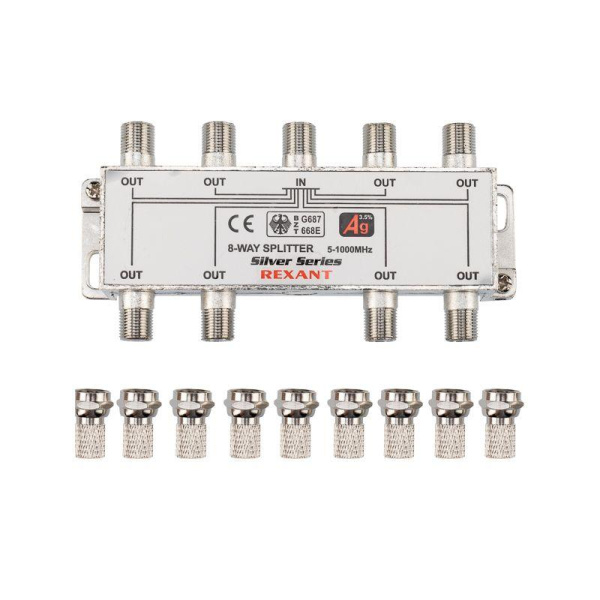Делитель ТВх8 + 9шт F 5-1000 МГц (Silver) box (уп.5шт) Rexant 05-6105
