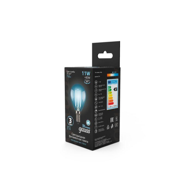 Лампа светодиодная филаментная Black Filament 11Вт P45 шар 4100К нейтр. бел. E14 830лм GAUSS 105801211