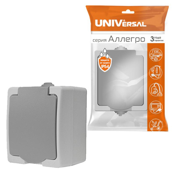 Розетка Аллегро с заземл. защ. шторки с крышкой IP54 сер. UNIVersal 1282