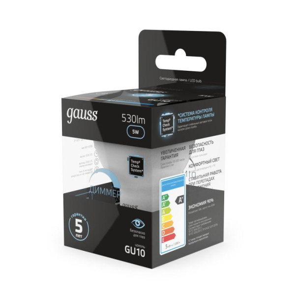 Лампа светодиодная Black 5Вт MR16 софит 4100К нейтр. бел. GU10 530лм диммир. GAUSS 101506205-D