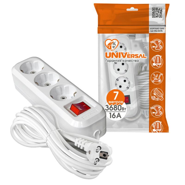Удлинитель 3х7м с заземл. IP20 S-303А ПВС 3х1.5 с выкл. Universal 1728