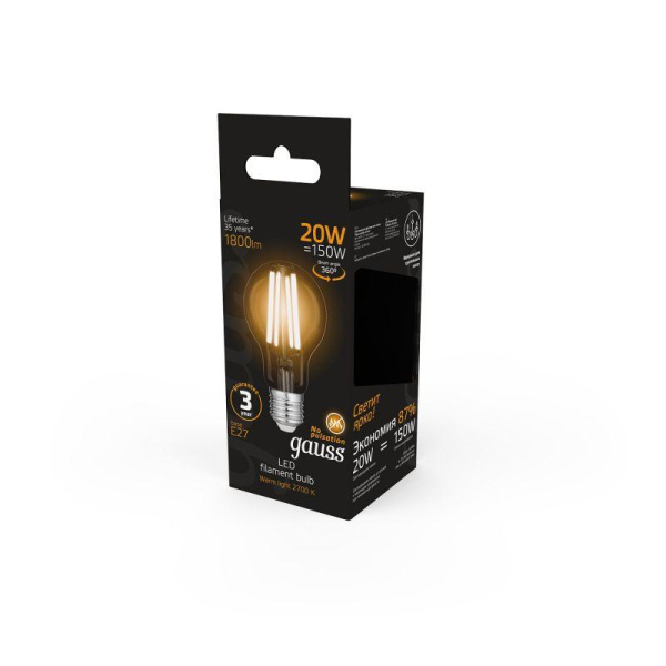 Лампа светодиодная филаментная Black Filament 20Вт A60 грушевидная 2700К тепл. бел. E27 1800лм GAUSS 102902120